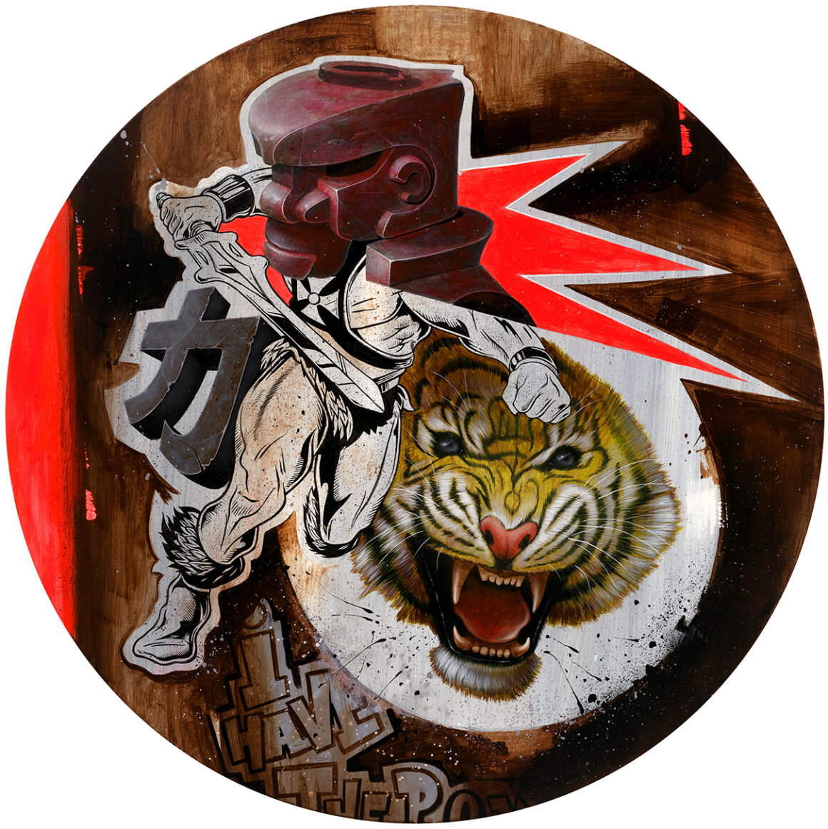 'I Have the Power' (acrylic on wood, 30 in diameter) by Johnny KMNDZ Rodriguez